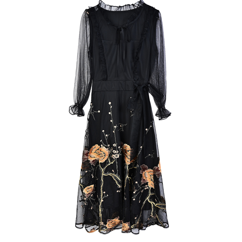 Autumn printing pinched waist long sleeve dress for women