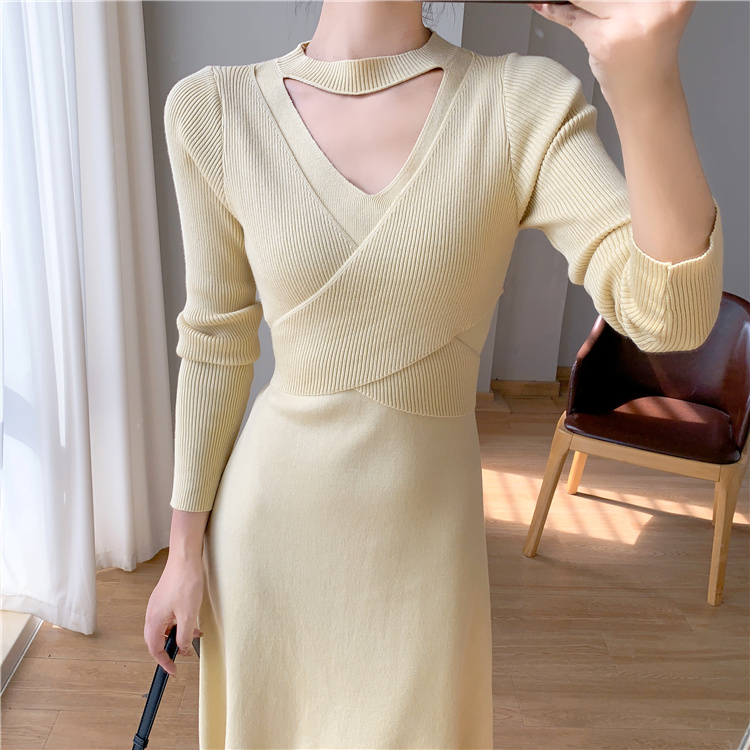 Knitted sweater long sleeve long dress for women