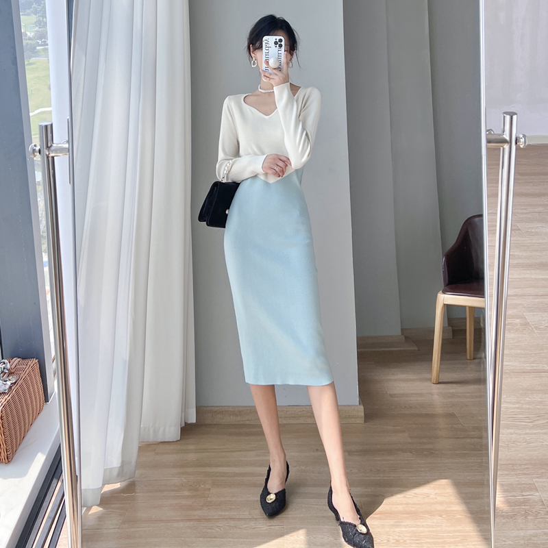 Splice knitted sweater dress bottoming dress for women