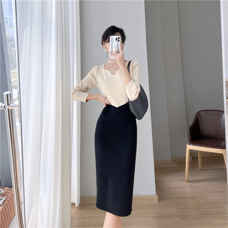 Splice knitted sweater dress bottoming dress for women