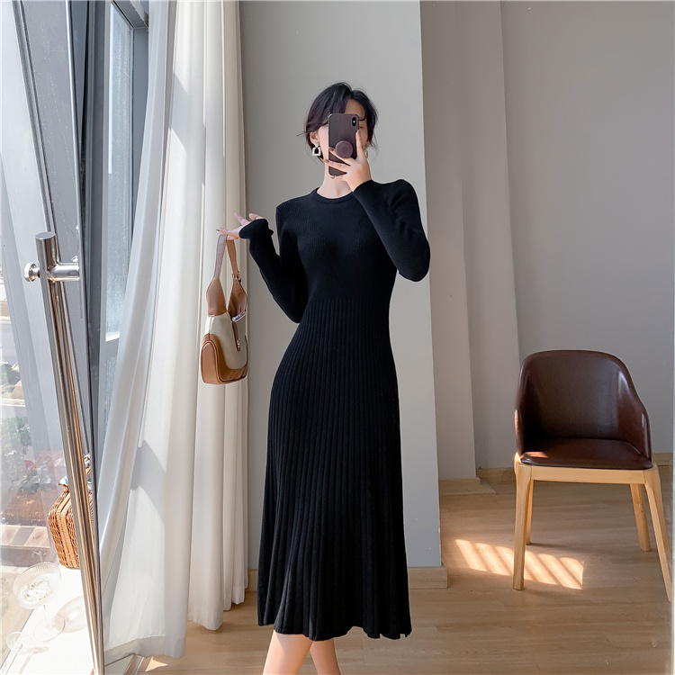 Long knitted sweater dress pinched waist exceed knee dress