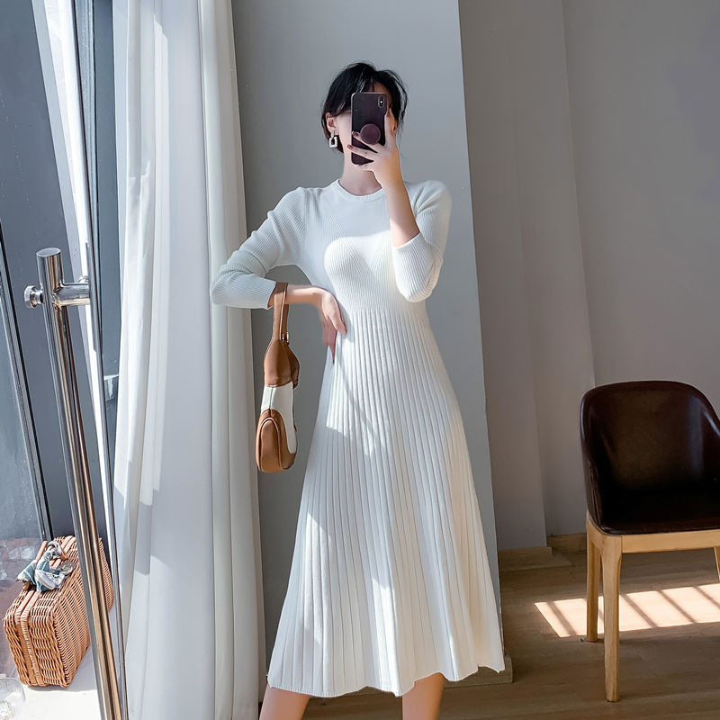 Long knitted sweater dress pinched waist exceed knee dress