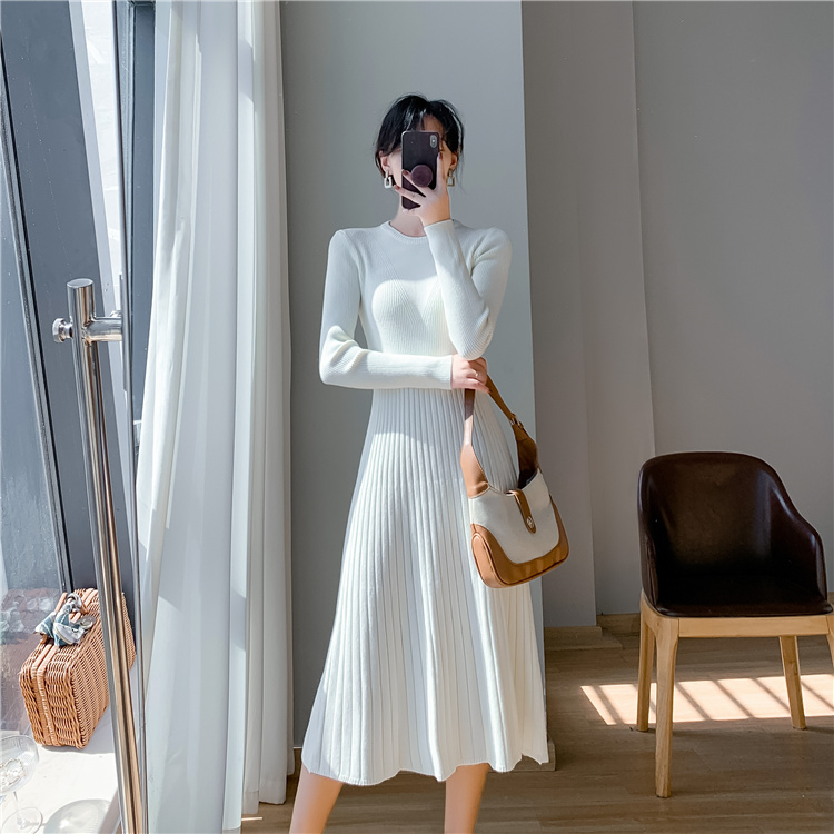 Long knitted sweater dress pinched waist exceed knee dress