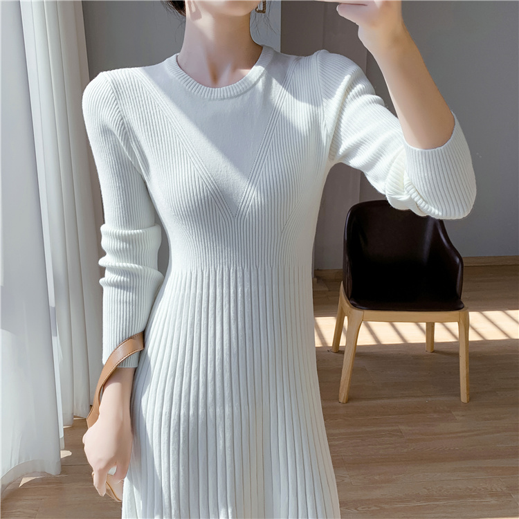 Long knitted sweater dress pinched waist exceed knee dress