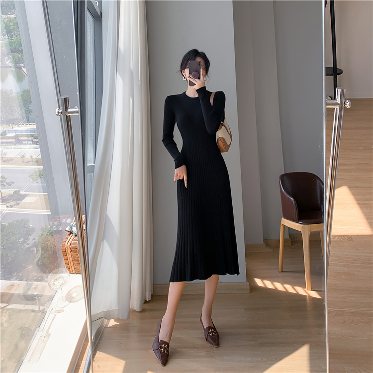 Long knitted sweater dress pinched waist exceed knee dress