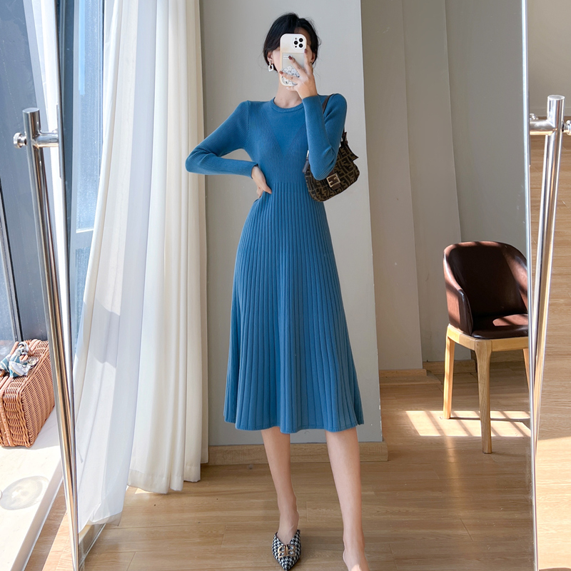 Long knitted sweater dress pinched waist exceed knee dress