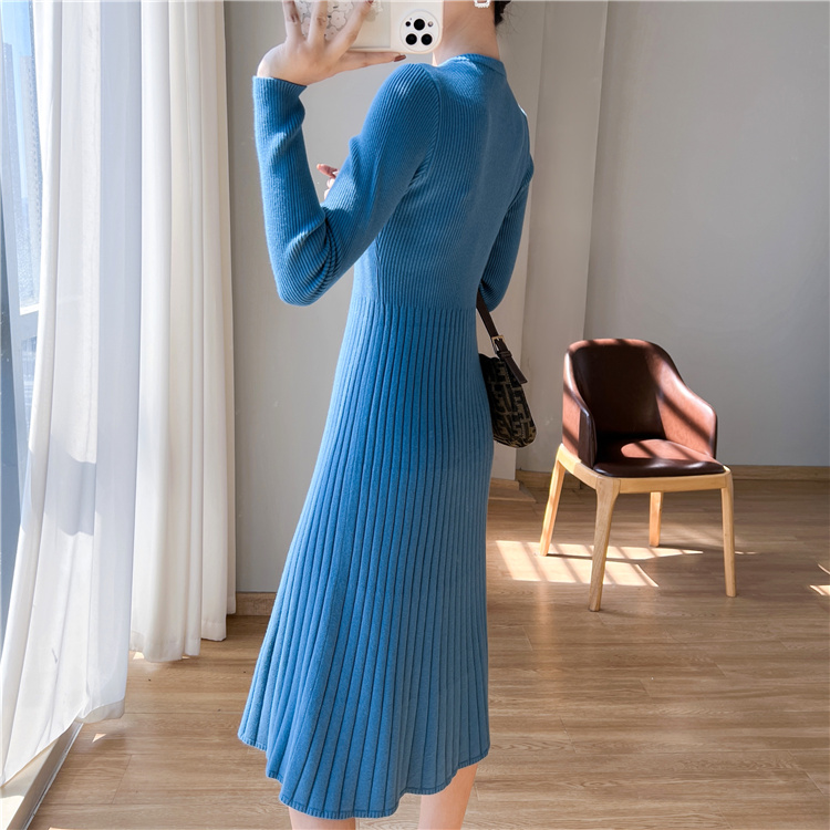 Long knitted sweater dress pinched waist exceed knee dress