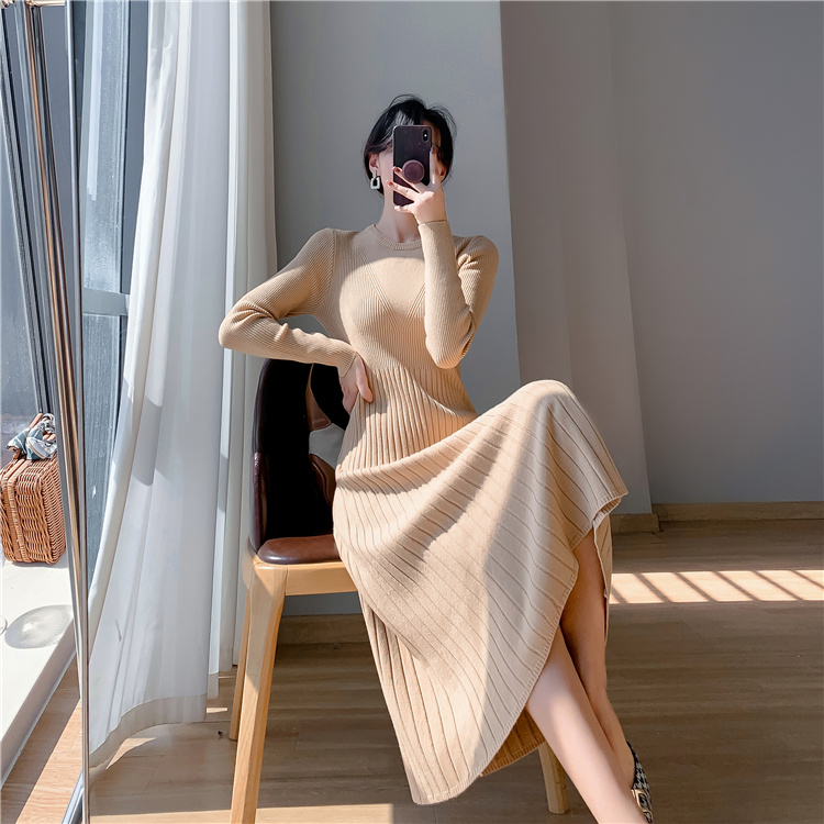 Long knitted sweater dress pinched waist exceed knee dress