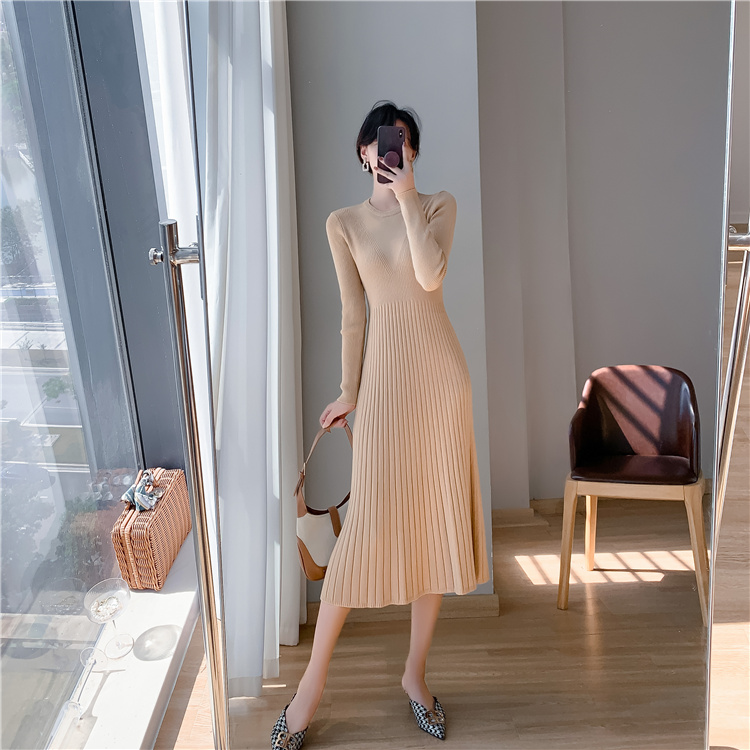 Long knitted sweater dress pinched waist exceed knee dress