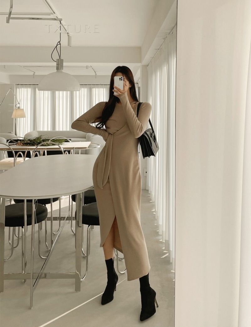 Temperament Korean style slim clavicle long bandage dress