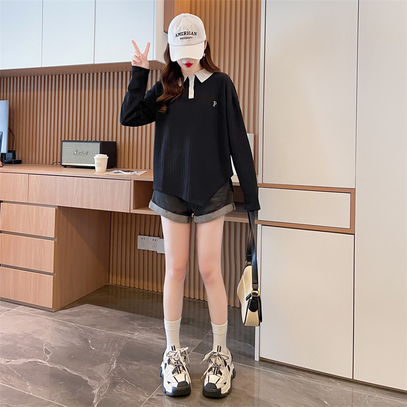 Jacquard split T-shirt bottoming Korean style hoodie for women