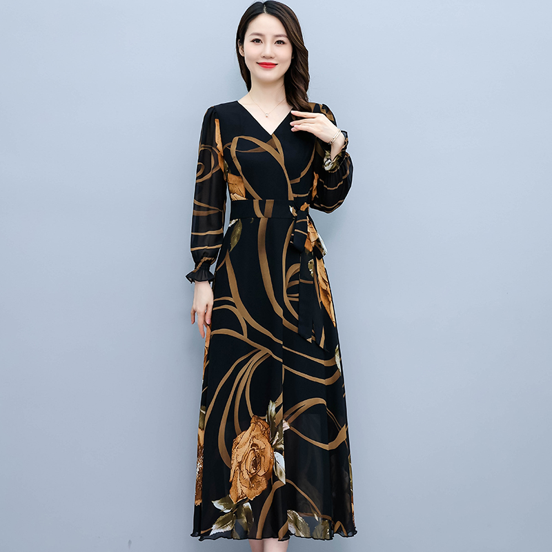 Pinched waist long sleeve dress printing long dress for women