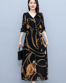 Pinched waist long sleeve dress printing long dress for women