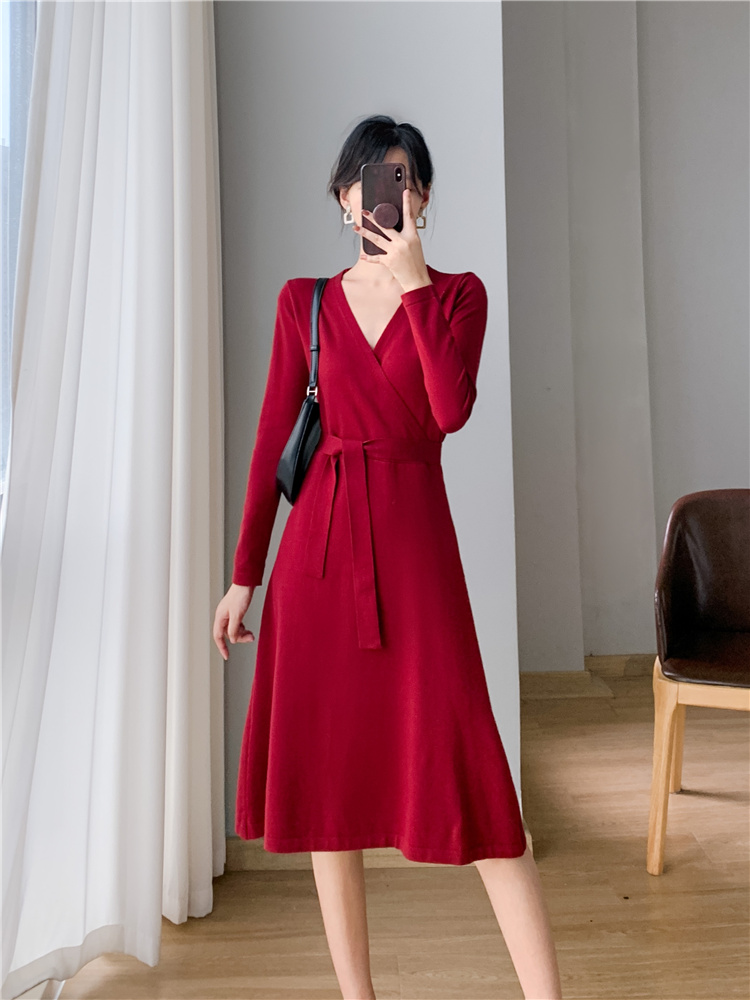 Autumn and winter exceed knee sweater dress red dress