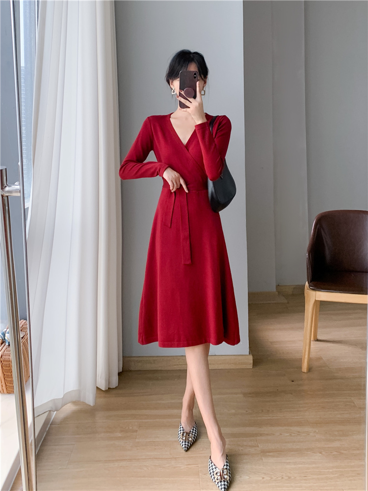 Autumn and winter exceed knee sweater dress red dress