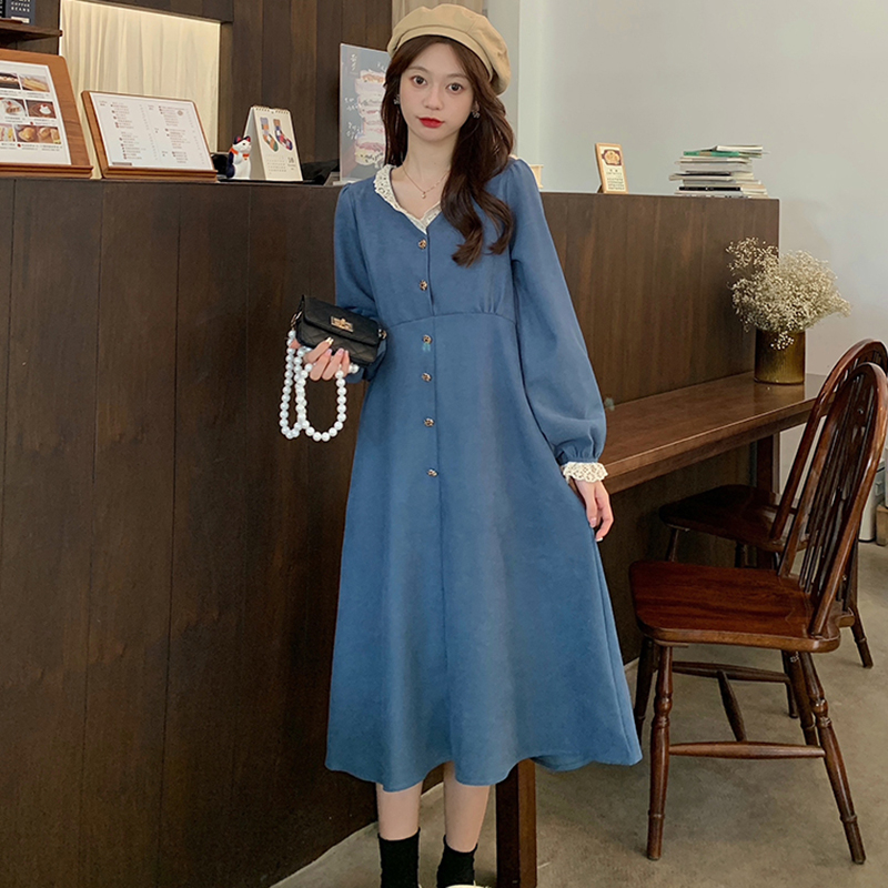 Corduroy V-neck slim Korean style dress