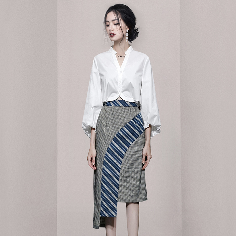 Cstand collar irregular tops autumn short skirt 2pcs set