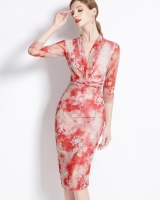 France style pink chiffon slim printing dress for women