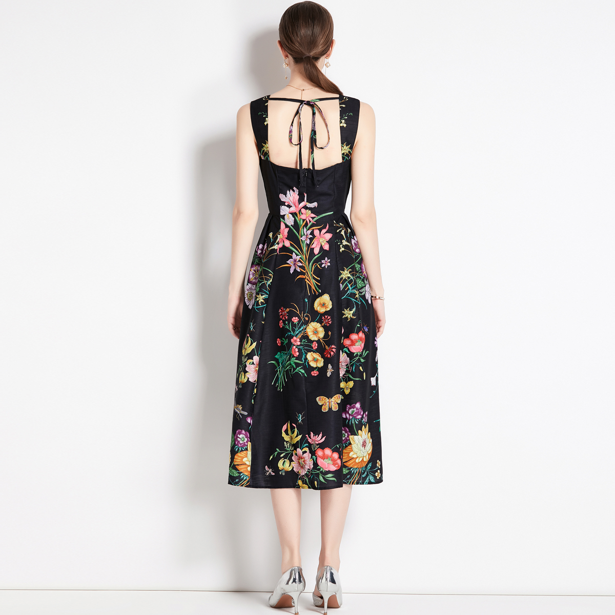France style retro high waist printing sling dress