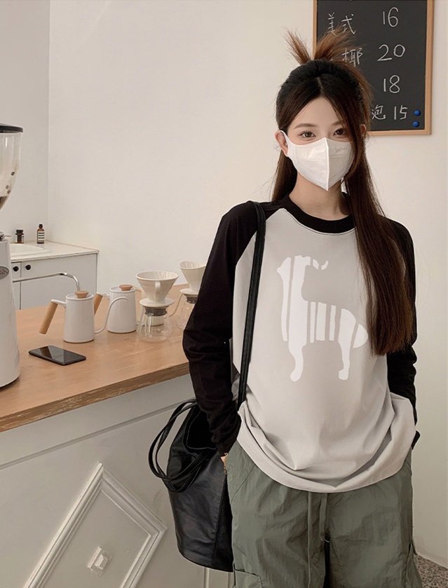 Printing long sleeve raglan pure cotton T-shirt for women