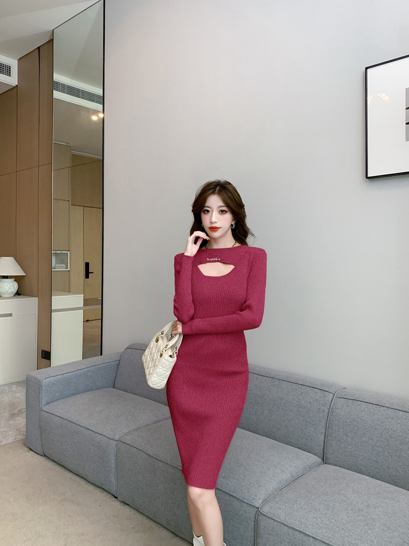 Long hollow dress round neck sweater dress for women