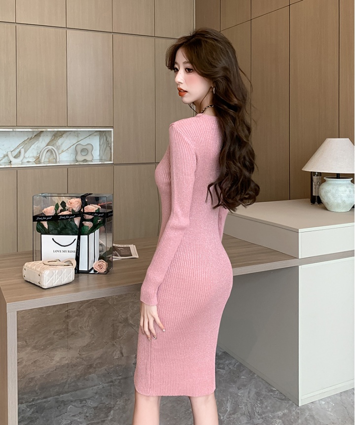 Long hollow dress round neck sweater dress for women