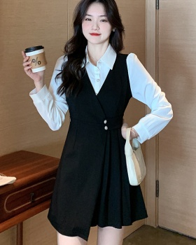 Autumn splice France style long sleeve Pseudo-two dress for women