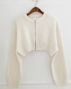Short round neck loose sleeve tops Korean style zip sweater