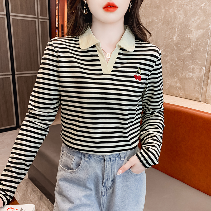 Stripe slim T-shirt autumn bottoming shirt for women