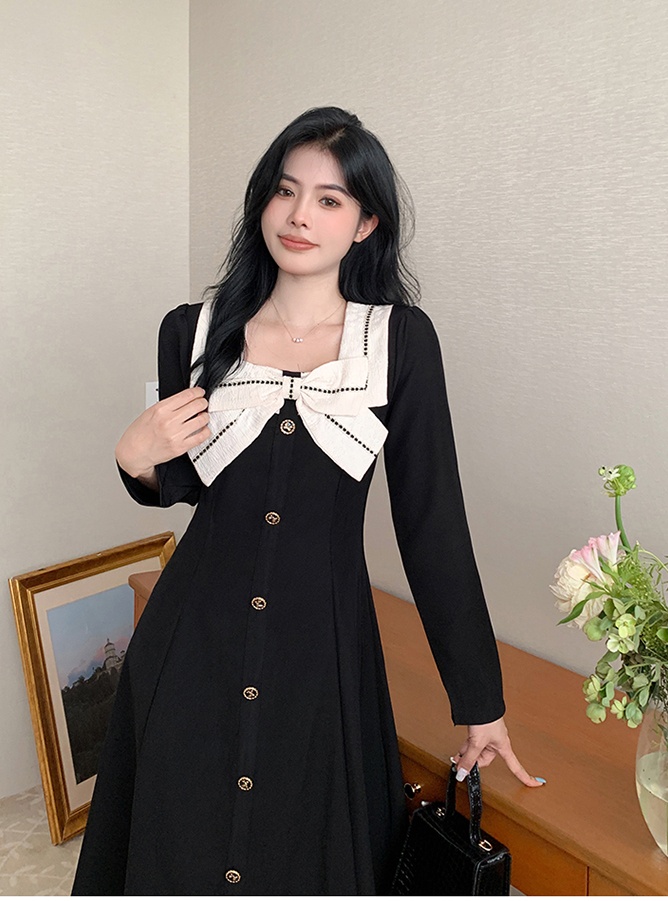 Autumn square collar temperament bow dress for women