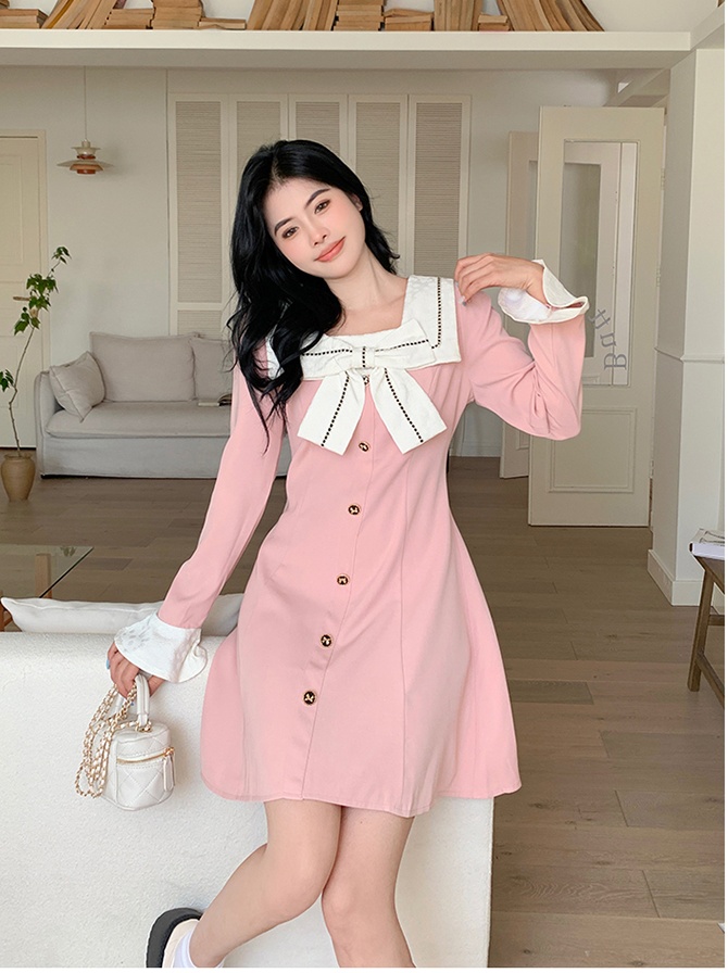 Large yard bow short square collar dress for women