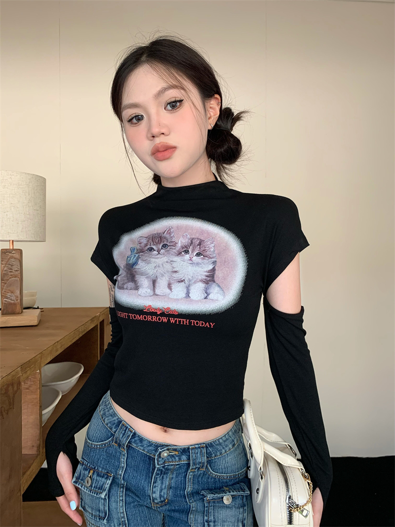 Spicegirl printing Korean style kitty half high collar T-shirt