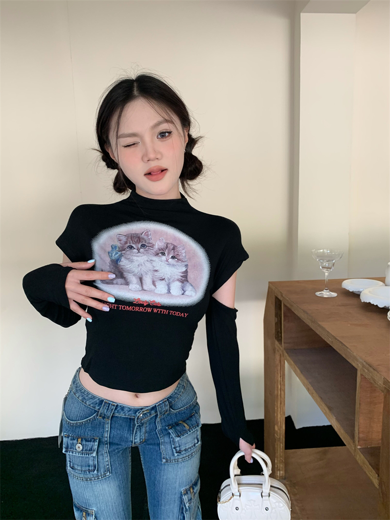 Spicegirl printing Korean style kitty half high collar T-shirt