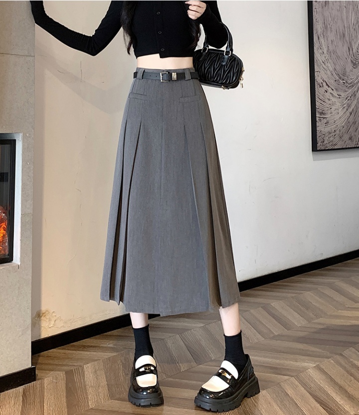 All-match crimp autumn long skirt gray slim skirt for women
