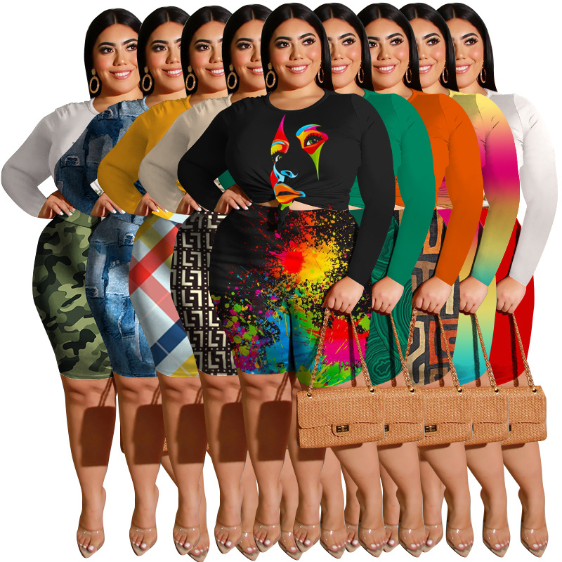 Printing T-shirt digital shorts 2pcs set for women