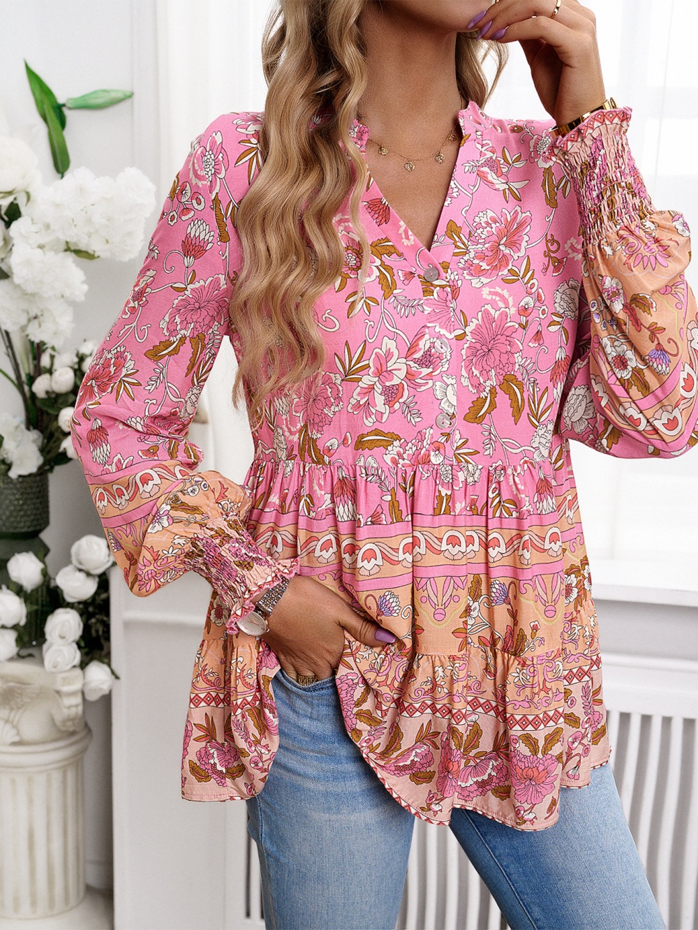 Printing Casual long sleeve vacation shirt for women