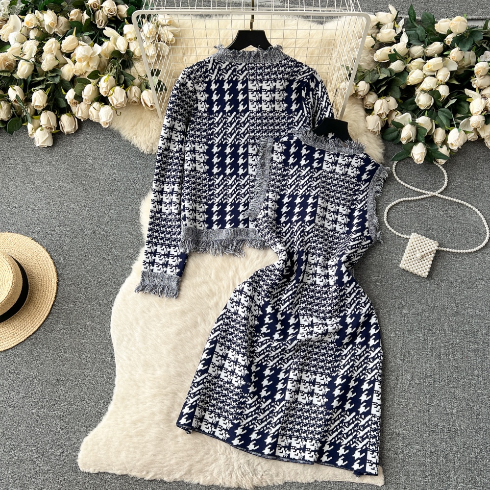 Sleeveless plaid autumn dress burr long sleeve coat a set