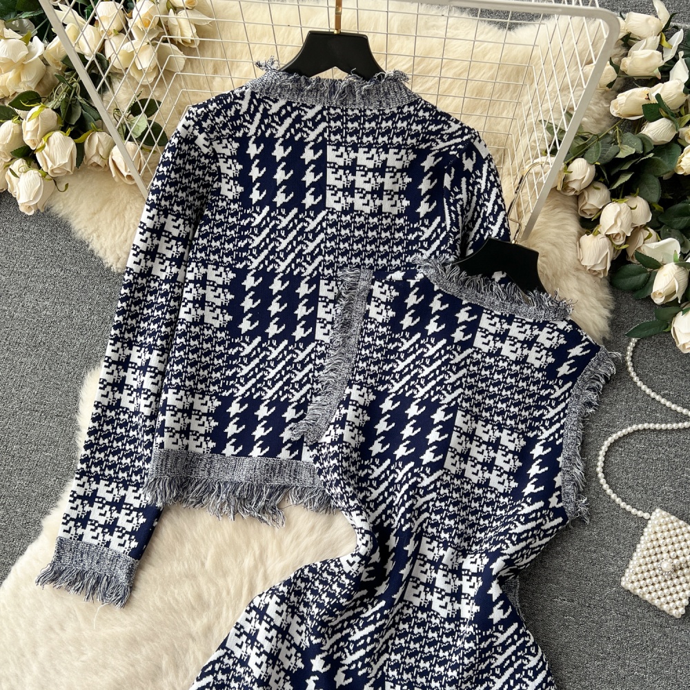 Sleeveless plaid autumn dress burr long sleeve coat a set