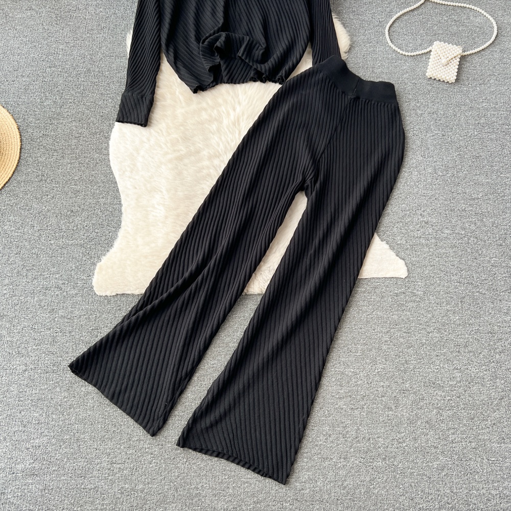 V-neck tops fashion long pants 2pcs set for women