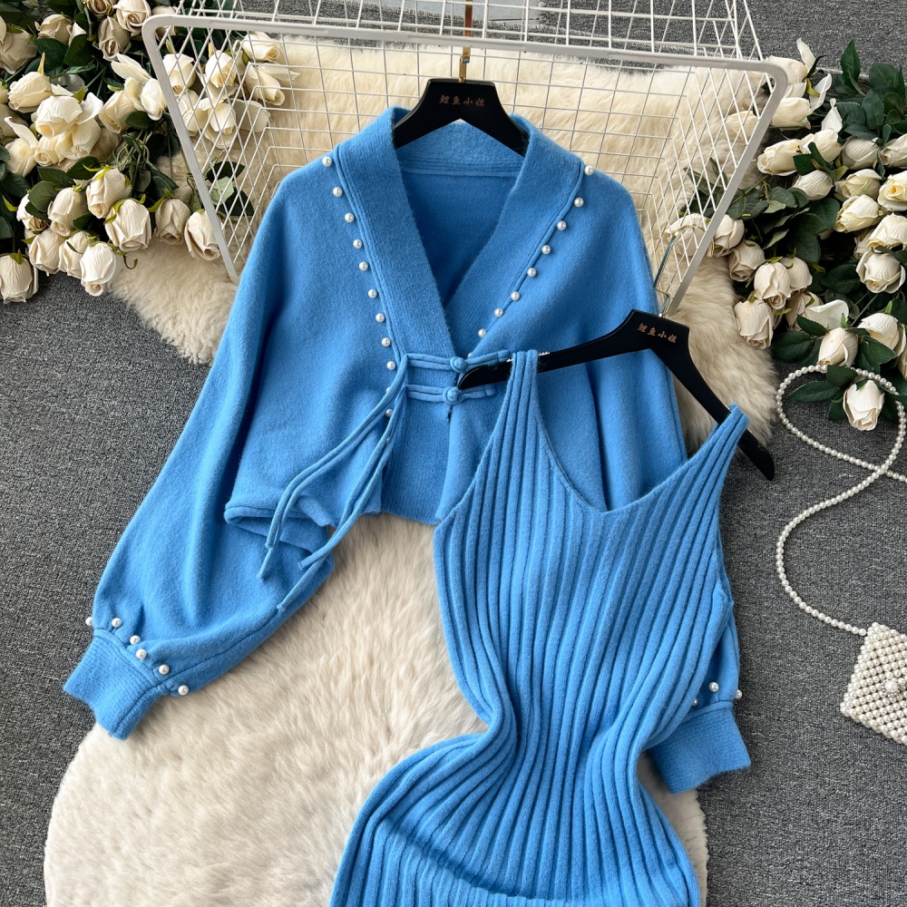 Fashion slim shawl retro knitted dress a set for women