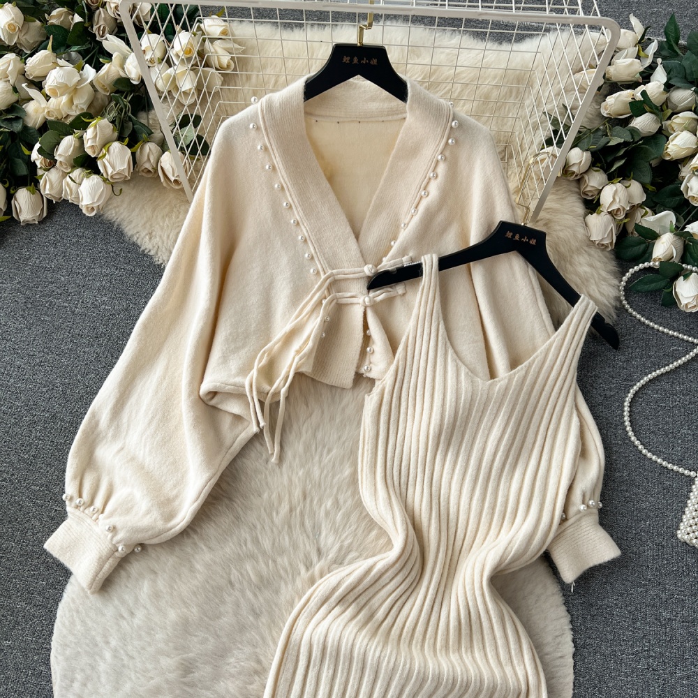 Fashion slim shawl retro knitted dress a set for women