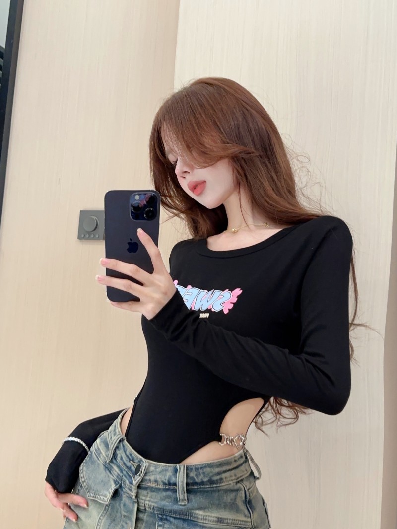 Letters hollow T-shirt long sleeve slim tops for women