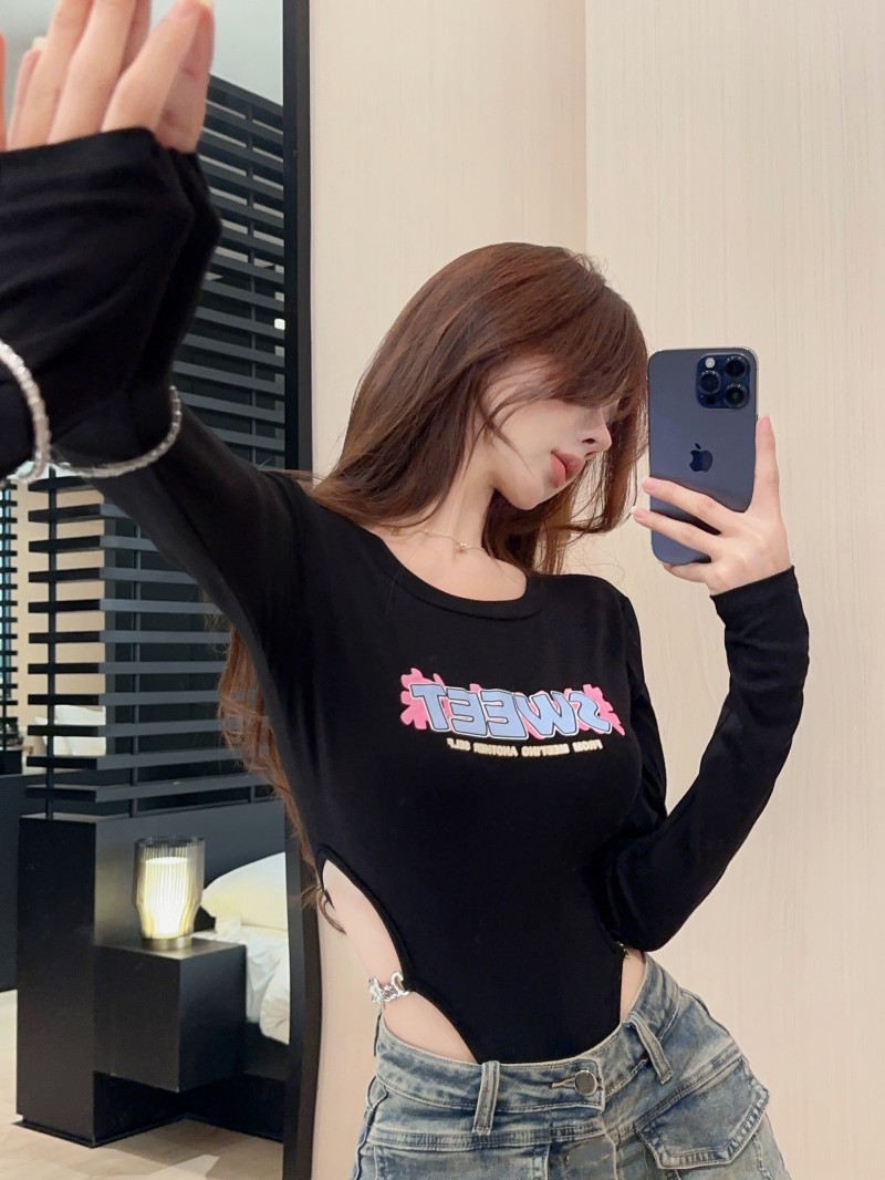 Letters hollow T-shirt long sleeve slim tops for women