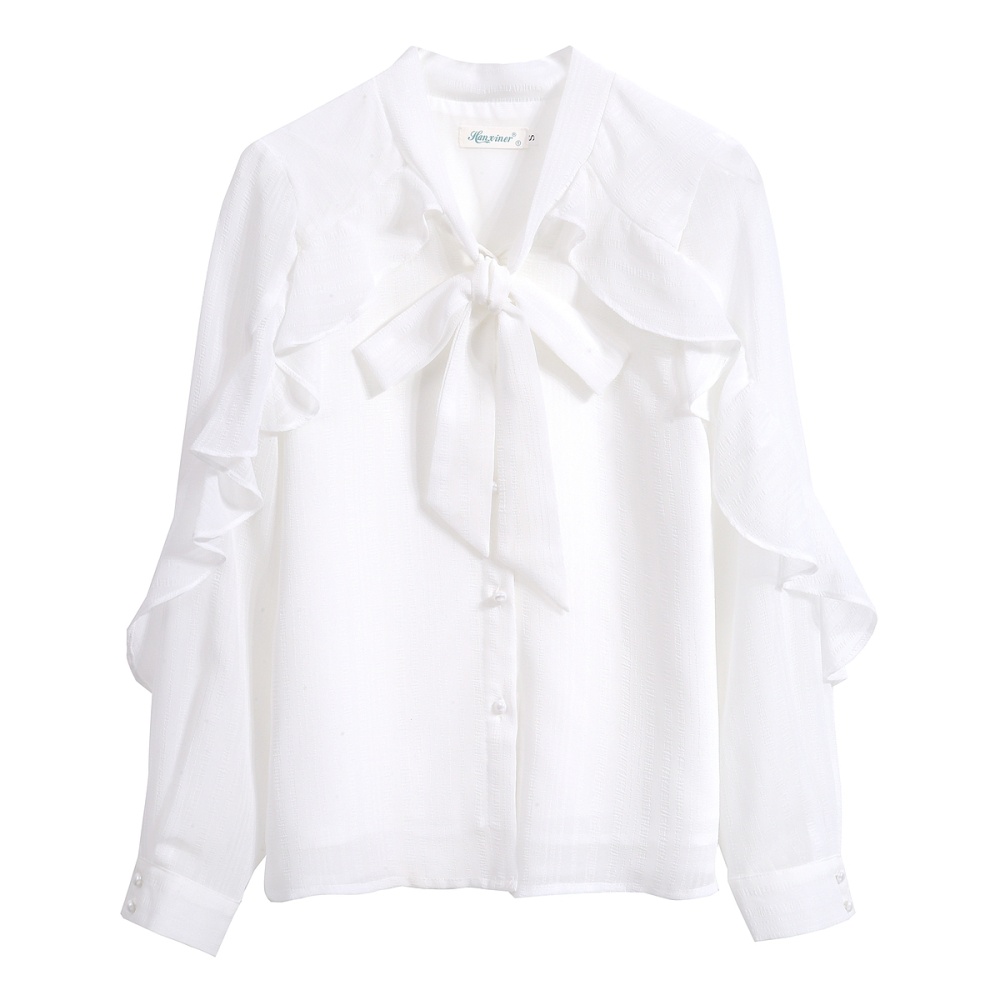 All-match autumn bow tops chiffon white shirt for women