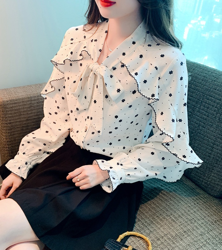 Bow frenum shirt floral collar autumn chiffon shirt for women