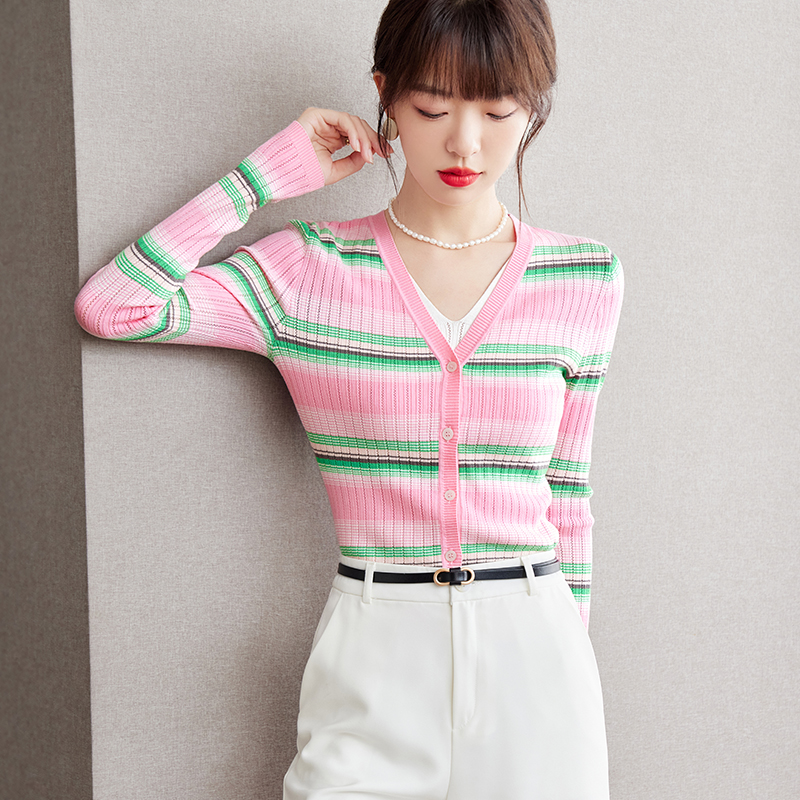 Slim knitted cardigan Pseudo-two stripe tops for women