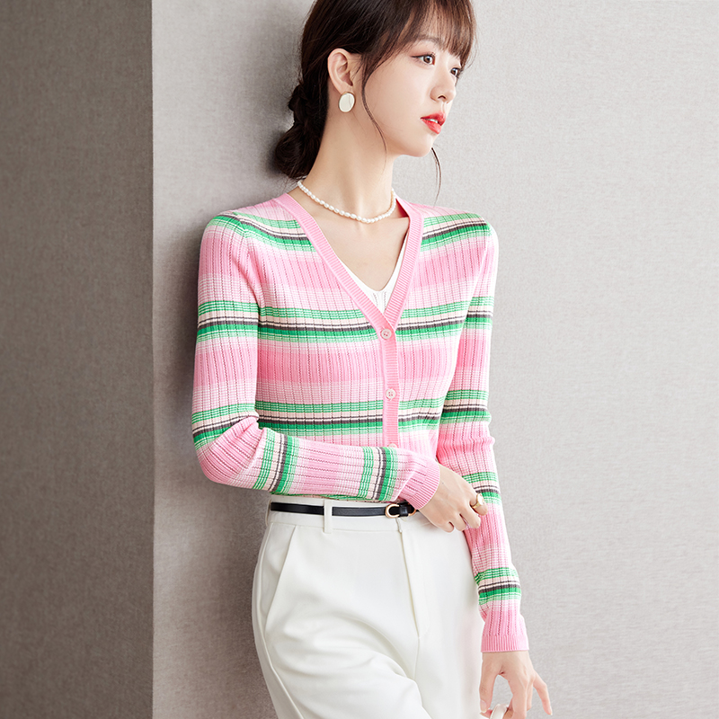 Slim knitted cardigan Pseudo-two stripe tops for women