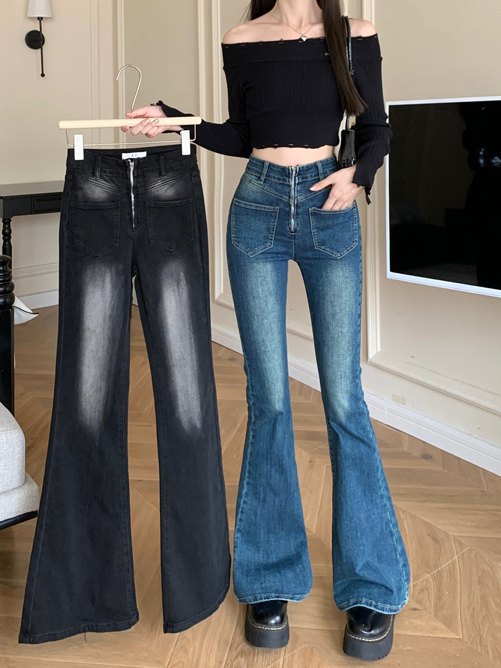 Elasticity flare pants micro speaker jeans for women