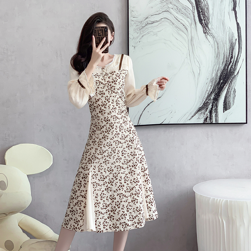 Pseudo-two floral autumn and winter slim France style dress