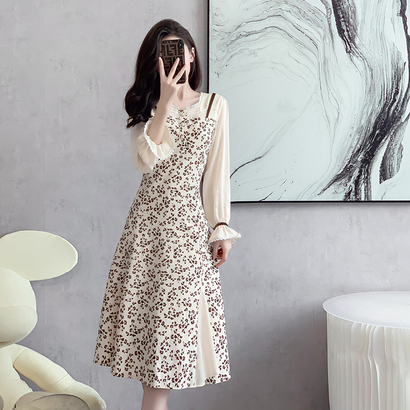 Pseudo-two floral autumn and winter slim France style dress